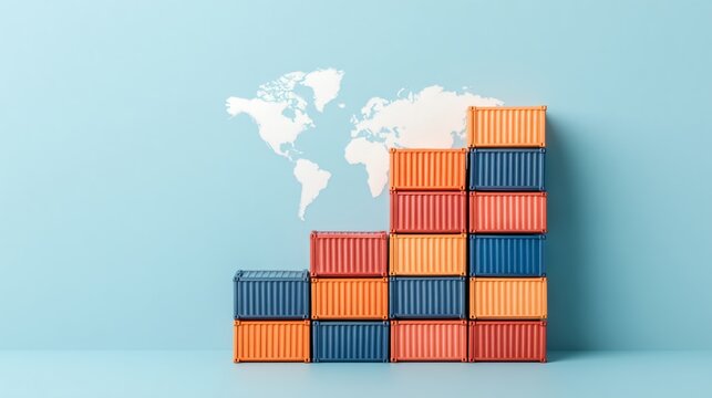 Economic growth and export market strategy with upward graph, world map and shipping containers.