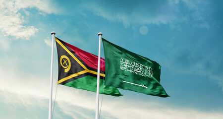 Vanuatu and Saudi Arabia friendship flags are waving in the sky. Two country flag for agreement or deal. Vanuatu KSA national flag for commitment.