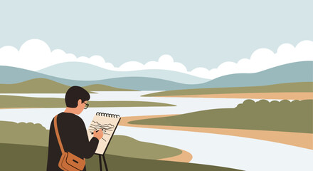 Young Man Capturing Tranquil Landscape On Sketchbook With River View