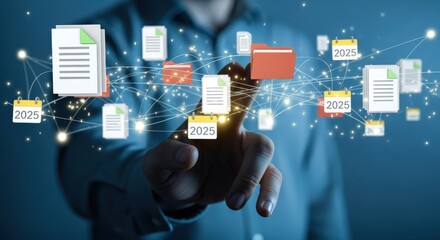 Digital data management with virtual documents and calendar integration, depicting organization and scheduling by a business professional