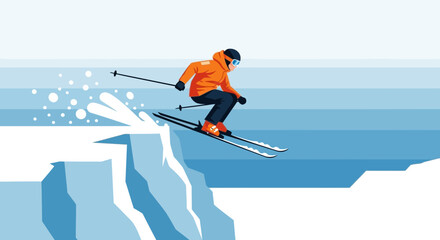 Skier Performing An Extreme Jump Off Of Snowy Cliff In Winter Season