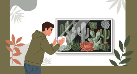 Young man cleans a framed picture of succulent plants hanging on the wall at home