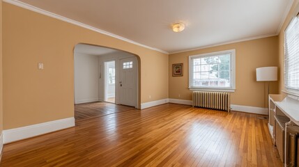 Bright, Empty Living Room with Hardwood Floors, Yellow Walls, White Trim, Window Light, and Open Doorway
