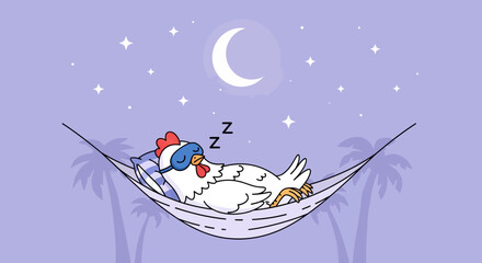 Sleepy Chicken Resting Peacefully In Hammock Under Moonlight Cartoon Illustration