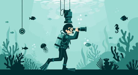 Naklejka premium Underwater Photographer Exploring Marine Life and Coral Reefs in Tropical Ocean Adventure