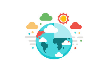 globe icon with cloud rain and sun weather symbols,