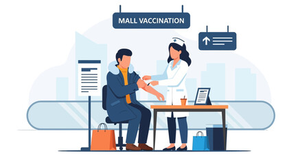 Vaccination campaign in shopping malls promoting public health and safety and encouraging community immunity against infectious diseases