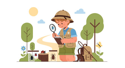 Young Naturalist Exploring The Insect World Around Him With Magnifying Glass