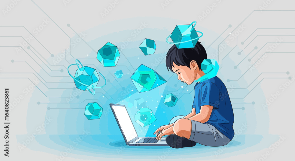 Aufkleber young programmer coding and creating virtual worlds on laptop computer digital art