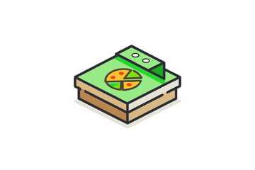 recyclable pizza box with slice and green recycle