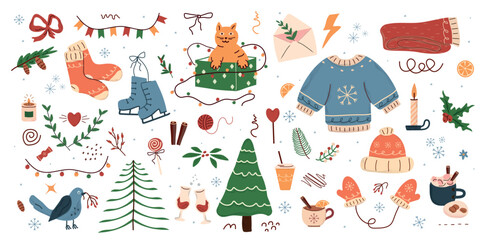 Fototapeta premium concept winter, pattern, Fir tree, stars, dots, snow, line drawing. Holiday design elements are isolated on white background. Simple shape conceptfor winter season cards, for party poster, banner 