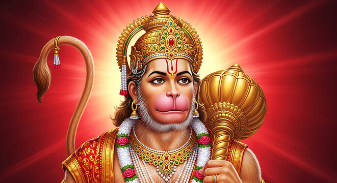 Golden Gada held by Hanuman with red radiant background