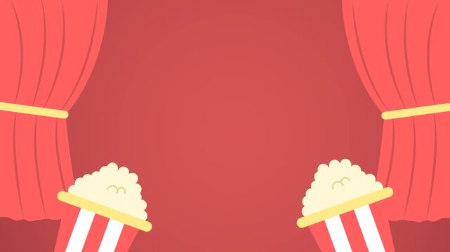 Animation of red theater curtains opening to reveal a stage, with illustrations of popcorn buckets on each side. 
