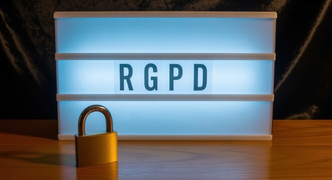 Illuminated RGPD Sign with Golden Padlock Symbolizing Data Protection and Compliance in Information Security