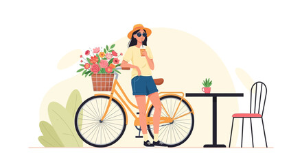 Young Woman Enjoying Refreshments Outdoors with Her Bike and Floral Basket
