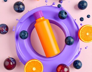 Bright Orange Bottle Surrounded by Fruits and Purple Splash on Light Pink Surface