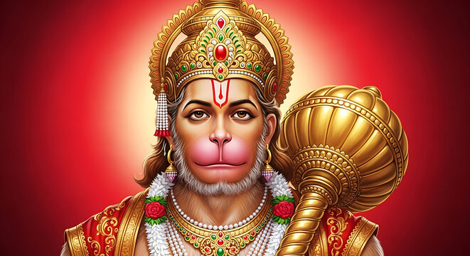 Hanuman deity holding mace with ornate crown and jewelry
