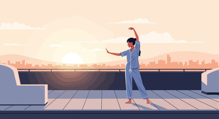 Woman Practicing Tai Chi At Sunrise For Morning Fitness And Well Being