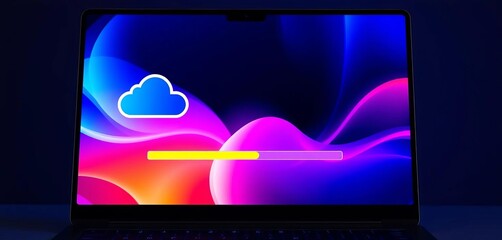 Laptop screen displays data transfer progress bar, cloud icon, AI interface, laptop, loading