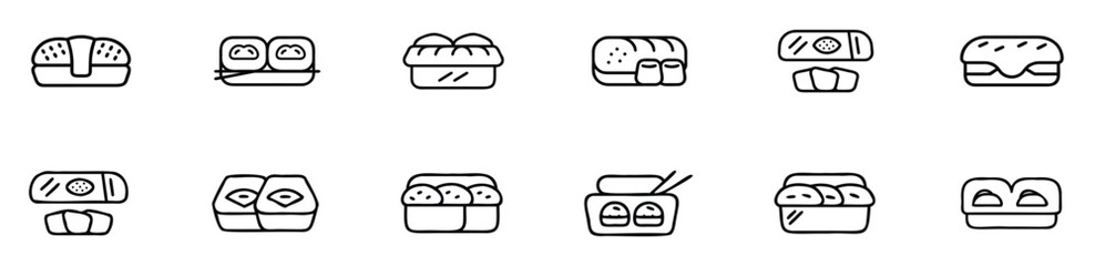 Simple line icon of a Japanese bento box with sushi and chopsticks. Perfect for Japanese food menus or delivery apps.

