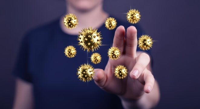 Conceptual Visualization of Viral Infection: Person Interacting with Virus Particles in a Medical Context