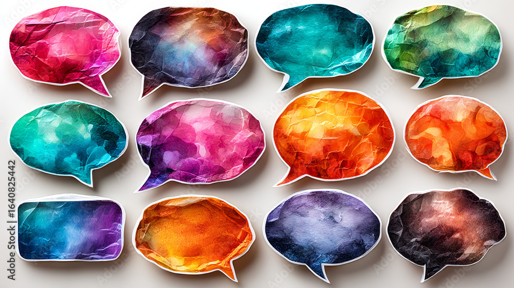 Poster set of multicolored speech and thought bubbles in modern sticker style. realistic wrinkled texture w