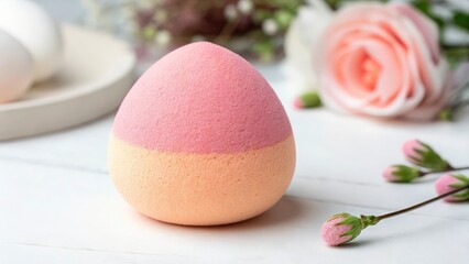 Close up of a two toned bath bomb with pink rose and flower buds on a white wooden surface