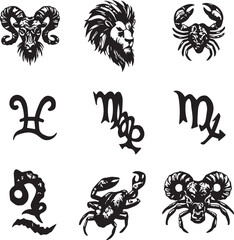 Detailed Black and White Engraved Style Zodiac Symbols on White Background astrology horoscope