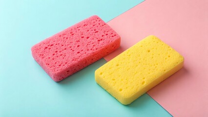Two colorful sponges, one pink and one yellow, are placed on a split color background design
