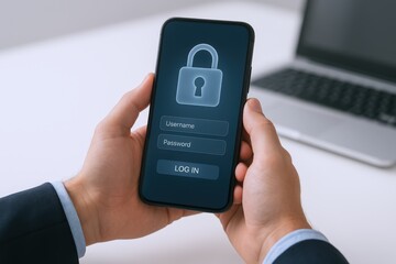 Smartphone Security: Man Holding Phone with Login Screen and Padlock Symbol, Password Protection, and Data Encryption
