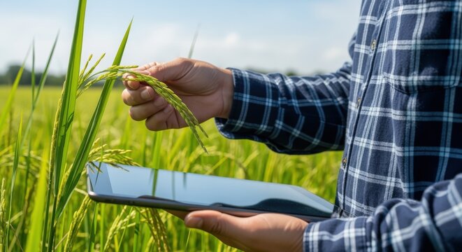 Agronomist Inspecting Rice Harvest with Tablet: Precision Agriculture and Crop Management in the Field