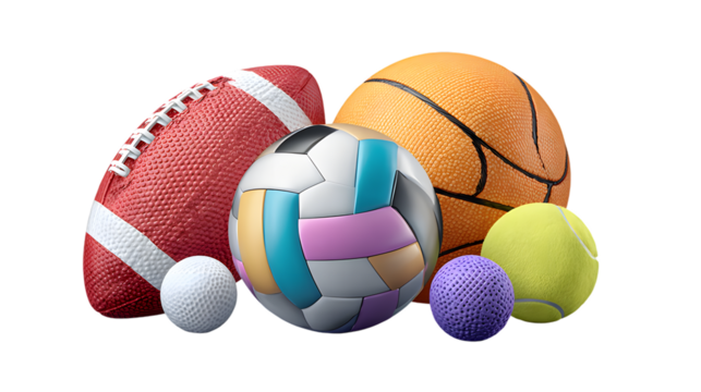 Various sport balls including basketball, football, soccer isolated on transparent background
