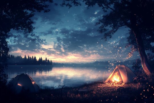 Tranquil lakeside camping scene at sunset, showcasing two tents and a crackling campfire under a starlit sky