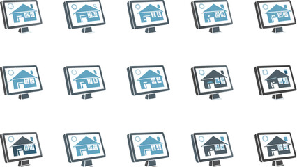 Collection of computer screens displaying house icons in varying shades of blue and gray