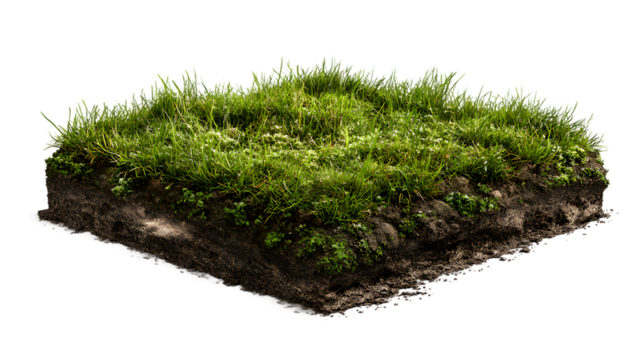 Square piece of green grass and soil isolated on transparent background