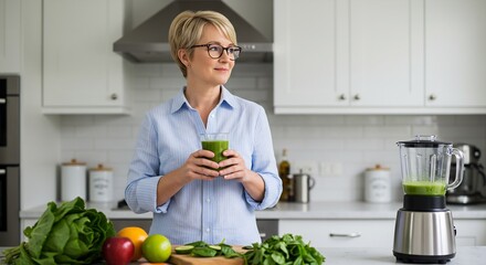 Mature Woman in Kitchen Holding Green Smoothie, Healthy Lifestyle, Wellness Concept