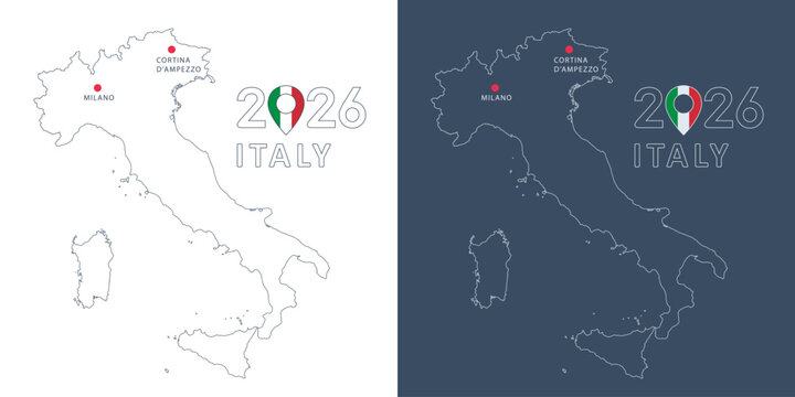 Milano  and Cortina 2026 concept, Italy outline map isolated on white and dark background. Thin line map and cities location pin. Vector clipart for Olympic winter games events and news design.