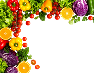 Vegetable border with peppers, tomatoes and greens isolated on transparent background