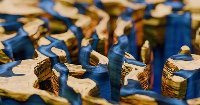 Golden and blue abstract surface in seamless loop. 3D animation of a gold and blue relief surface. Geometric organic terrain. Abstract geological map in motion