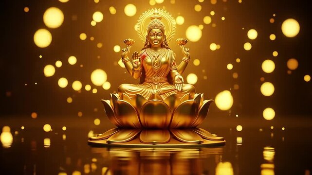 Golden Hindu Goddess Sitting on a Lotus Flower in a Lit Background With Bokeh Effects For Celebration and Wealth