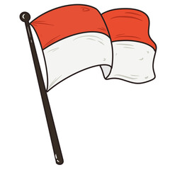 Stylized Red and White Indonesian Flag Waving on Pole, Cartoon Illustration.