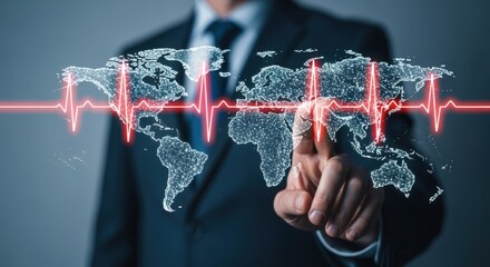 Global Health Crisis Concept: Businessman Touching Holographic World Map with Red Heartbeat Line Overlay