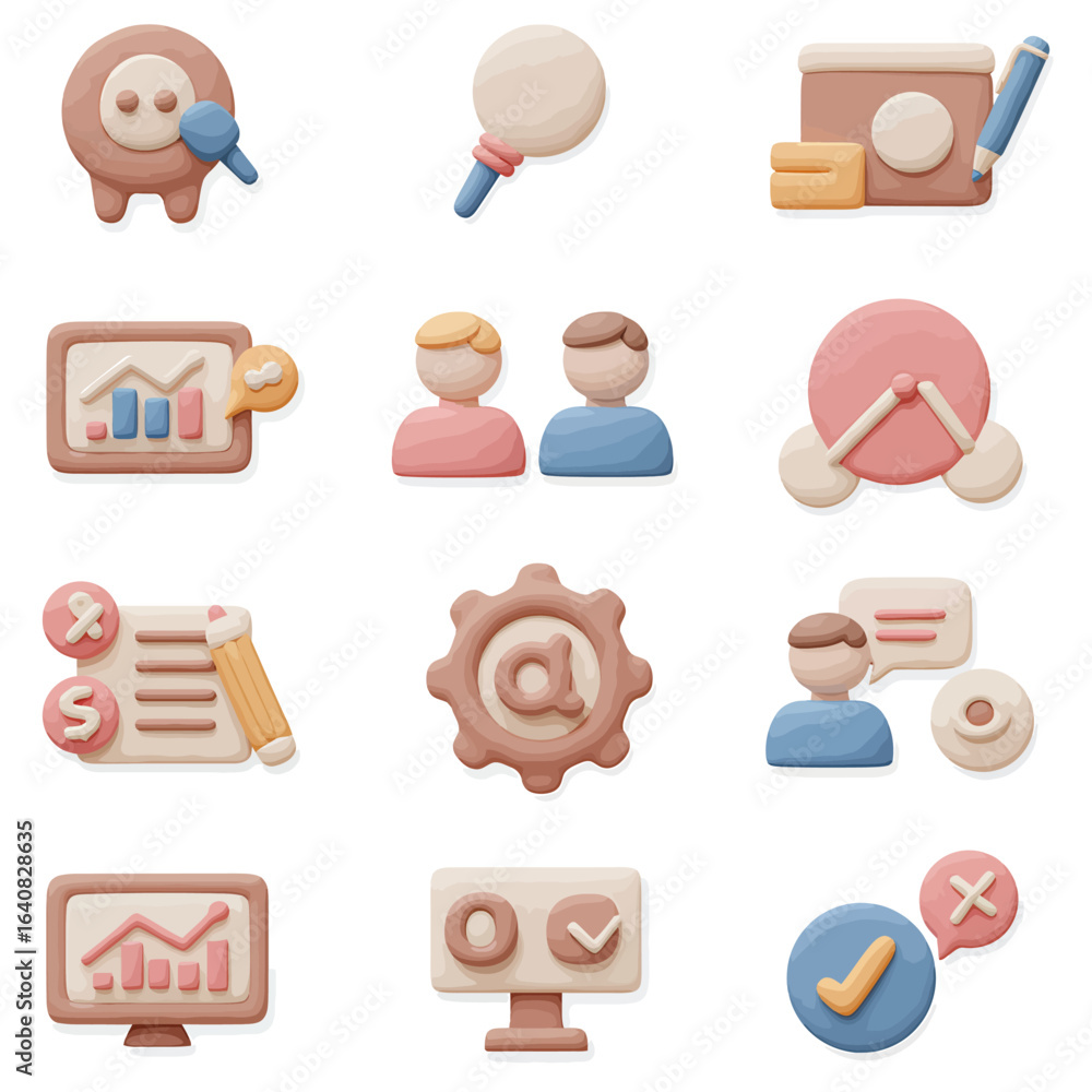 Poster a collection of 12 claystyle icons in a 4x3 grid featuring business and technology themes