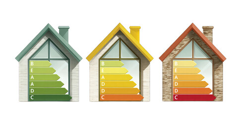 Three houses with varying energy efficiency ratings