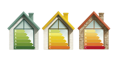 Three houses with varying energy efficiency ratings