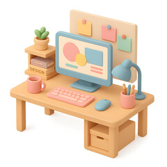 3D Stylized Designer Workspace Illustration in Isometric Low-Poly Style