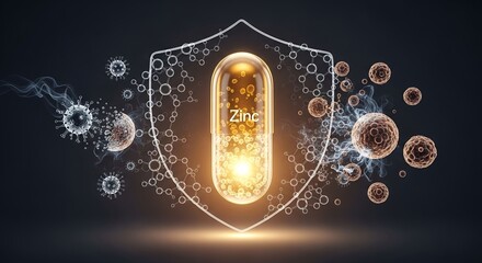 Pill representing zinc surrounded by shield and viruses in futuristic design