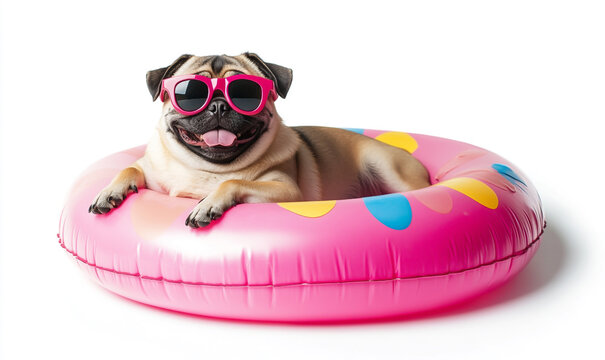 Cute pug dog wearing pink sunglasses in a pink inflatable ring