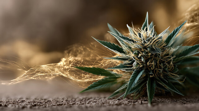 Cannabis flower with visible trichomes and glowing terpenes effect, earthy background, natural and organic, close up, vibrant detail