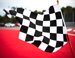 Checkered flag billows in the wind, set against a red surface and blurred racetrack background
